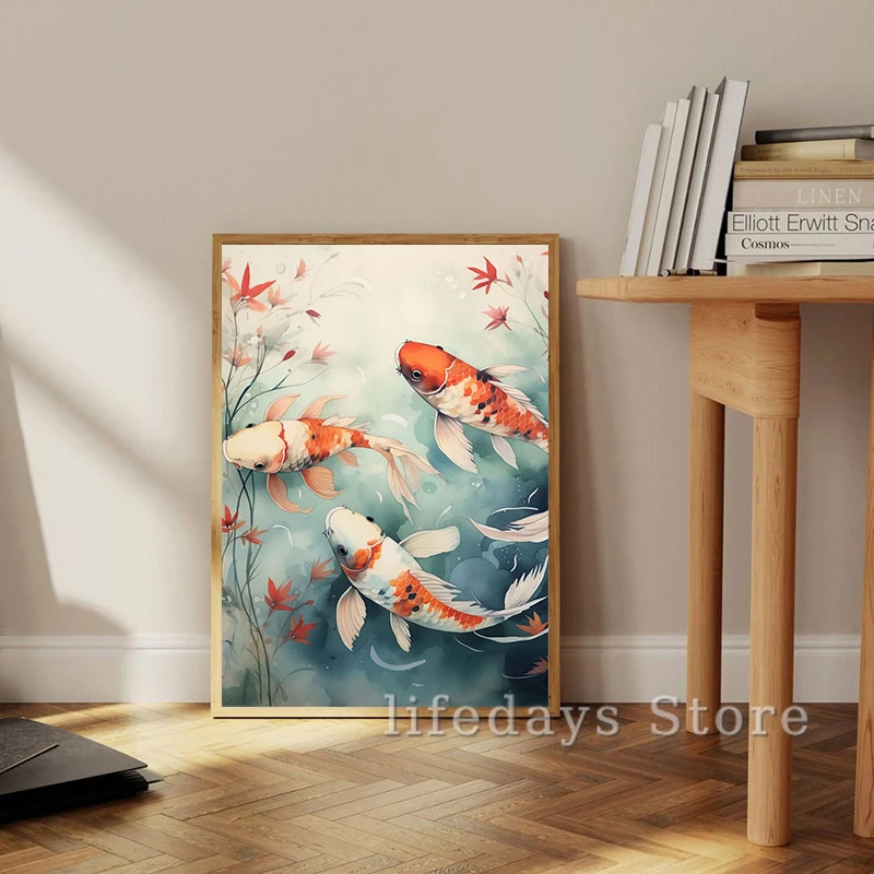 Японская красная рыба кои Ретро постер Чернила Карп Печать Холст Картина