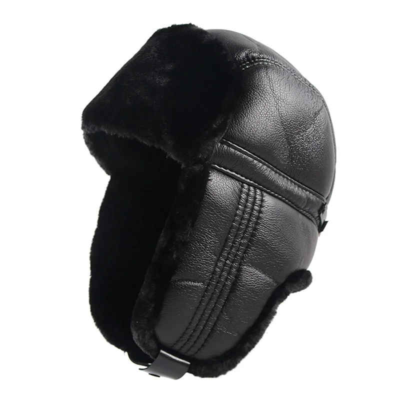 

Russian Style Leather Trapper Mens Fur Hats Winter 2023 Outdoor Warm Ushanka Soviet Men's Cap Dad Earflaps Bomber Hat Black