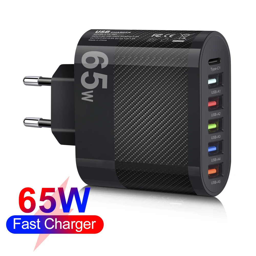 

65W USB 6 Ports Fast Charging Mobile Phone Adapter Type C Charger For iPhone 14 13 Pro Xiaomi Samsung Oneplus QC 5.0 Wall Charge