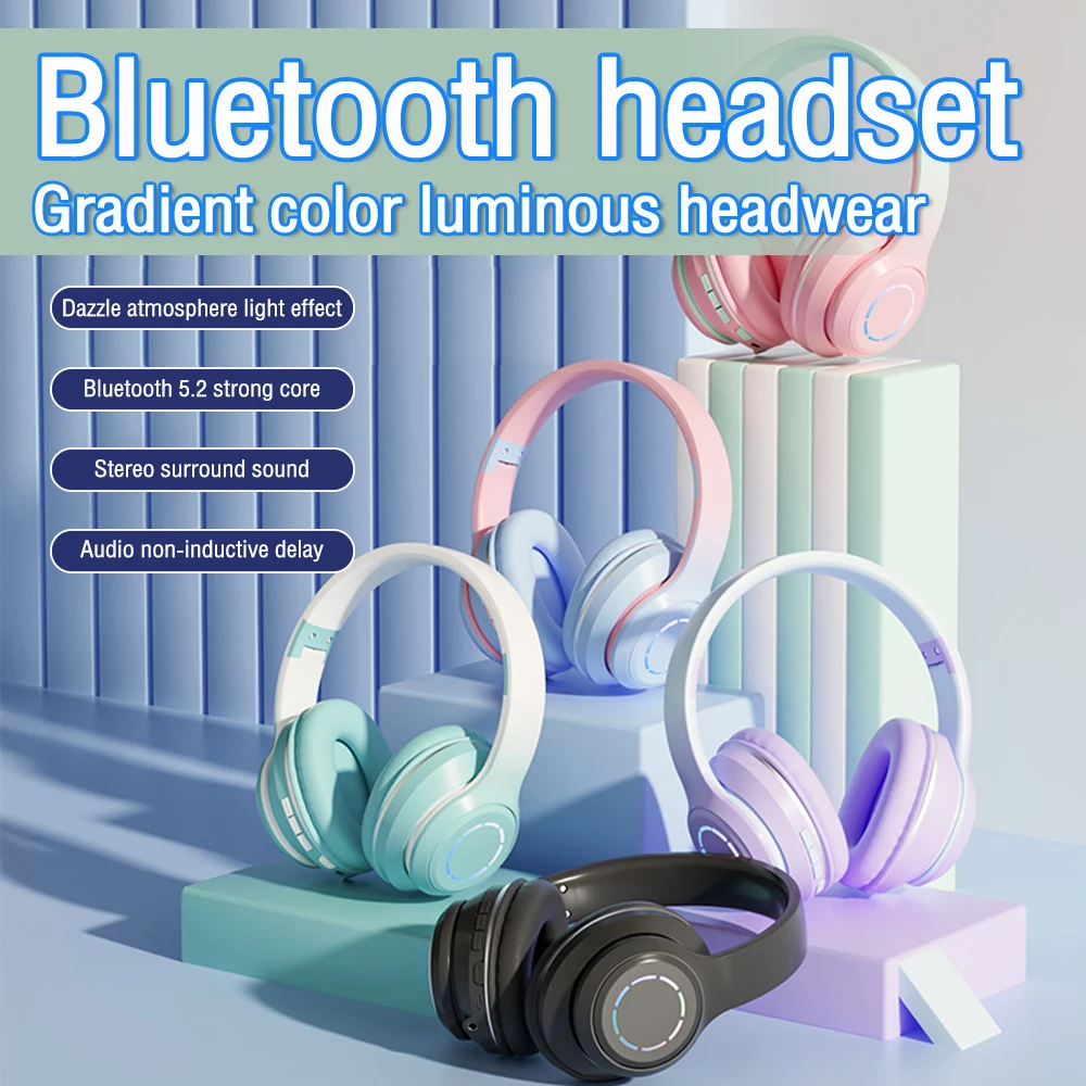 

Bluetooth-наушники 5.2, Беспроводная музыкальная гарнитура с градиентным цветом, телефон с микрофоном, наушники для геймеров, милые рождественские подарки для детей