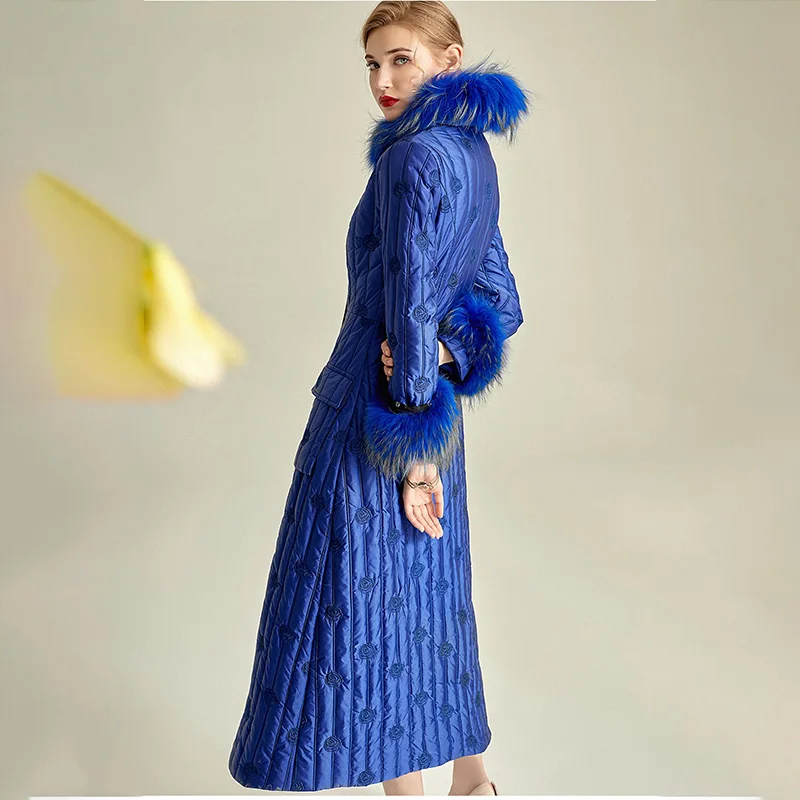 RosEvans Xlong Winter Women Real Fur Luxury Down Cotton Satin Parka single breasted Female Warm Embroidery Ultra Thick Long Coat