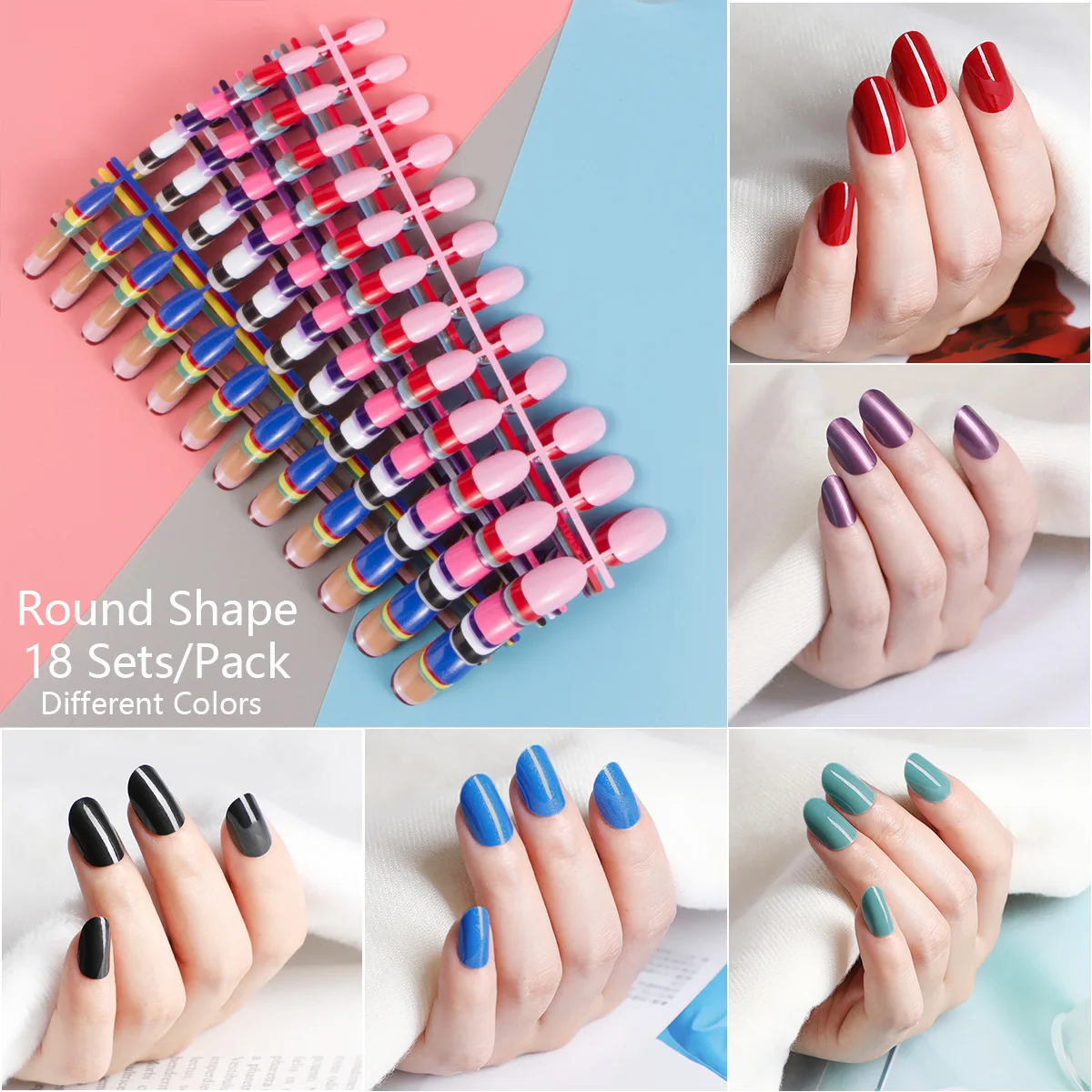 432pcs 18 Mixed Solid Colors Short Round Almond Coffin Shape Nail Tips Full Cover False Nail Tips Press On Fake Nails 18 Strips