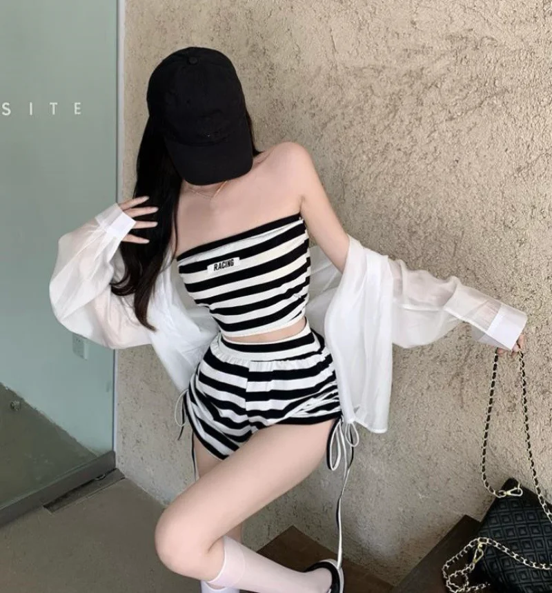 

Striped Sexy 2 Piece Short Sets Womens Outfits Party Club Crop Top and Wide Leg Shorts Set Women Tracksuit Two Piece Summer Sets