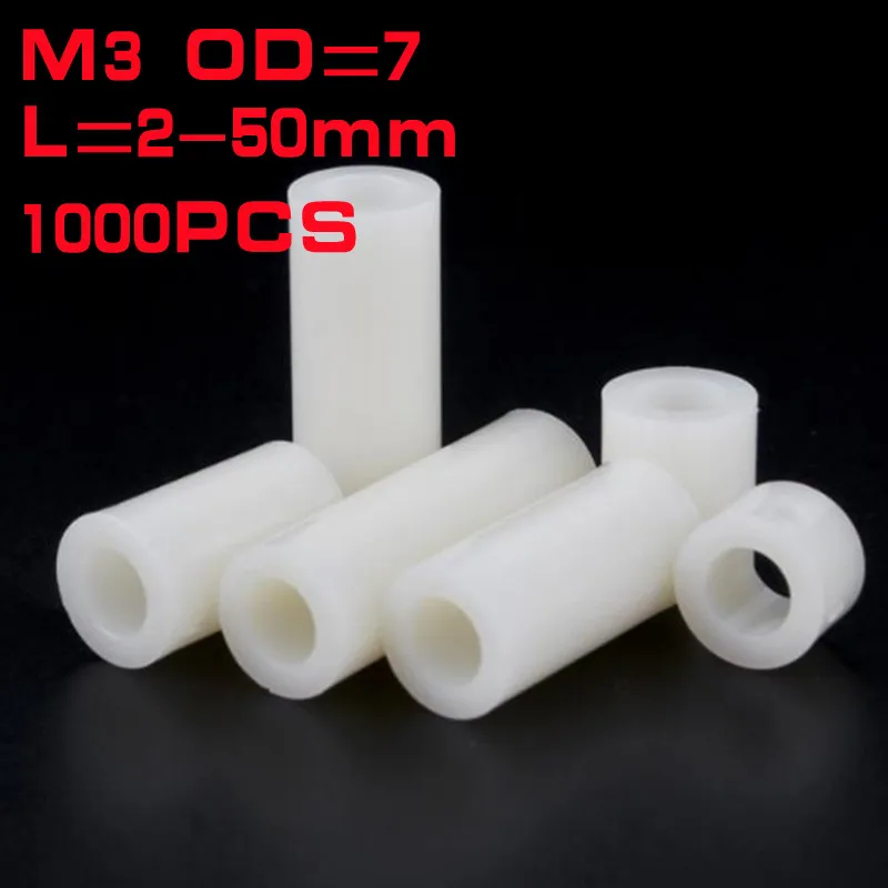 1000pcs M3*2/3/4/5/6/7/8/9/10 to 50mm White ABS Non-Threaded Hollowed Nylon Spacer Round Hollow Standoff Washer PCB Board Screw