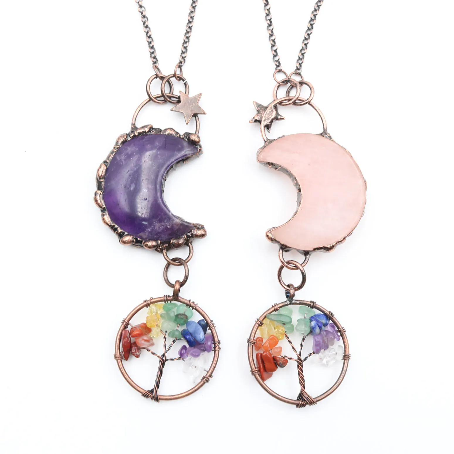 

XSM Metal Vintage Natural Amethyst Moon&7 Chakra Tree of Life Pendant Necklace Reiki Healing Crystal For Women Men Charm Gift