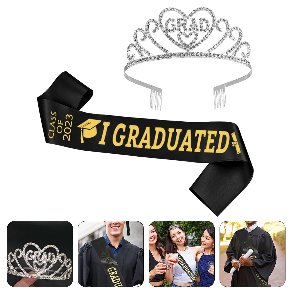 

Graduation Grad Sash Party Tiara Headband Senior Decorations Supplies Class Graduate Favors Satin Shiny Crystal Rhinestone