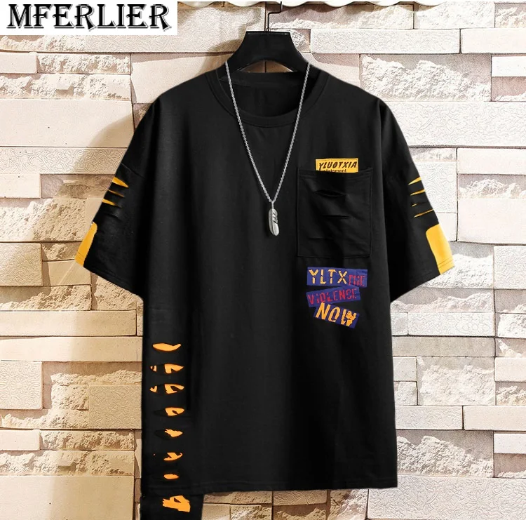 

New Arrival Fashion tshirt Short Sleeve Mens chic hole tops tees t Shirt letter Plus Size 7XL 8XL 9XL 10XL 12XL personality tops