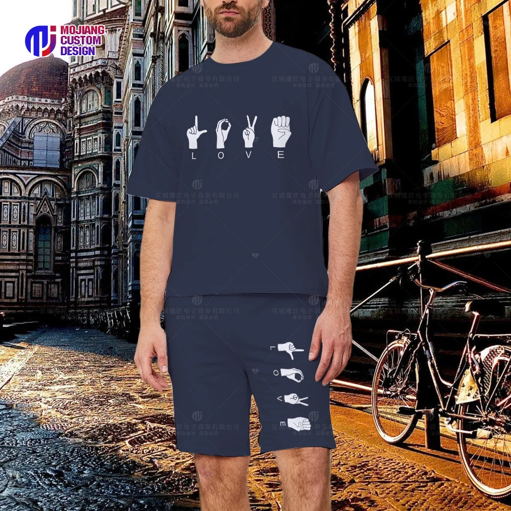 Letter LOVE & Gesture Print Men's T-Shirt Set, Crew Neck Short Sleeve Top, Graphic Shorts Men's Shirt Summer Dress