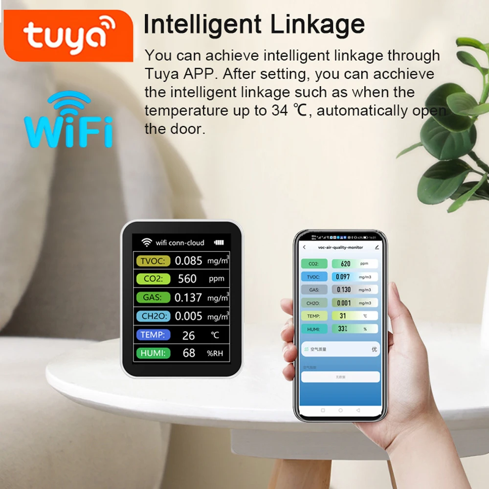 Фото Детектор качества воздуха Tuya Wi-Fi 6 в 1 детектор TVOC CO2 измеритель газов CH2O датчик температуры и влажности интеллектуальное соединение №4