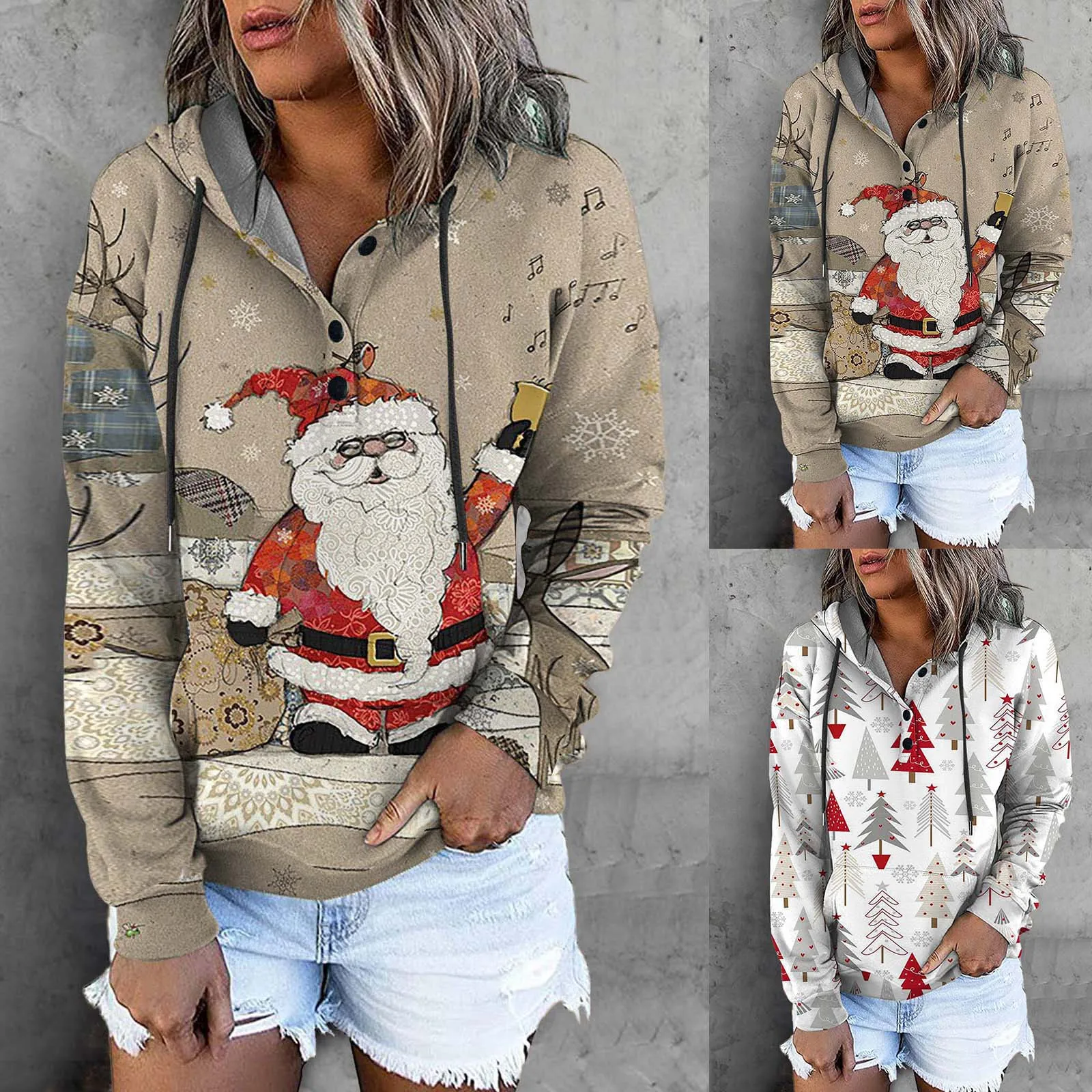 

Толстовка женская с капюшоном, Свитшот без позиционирования, на пуговицах, с V-образным вырезом, Повседневная Удлиненная флисовая подкладка