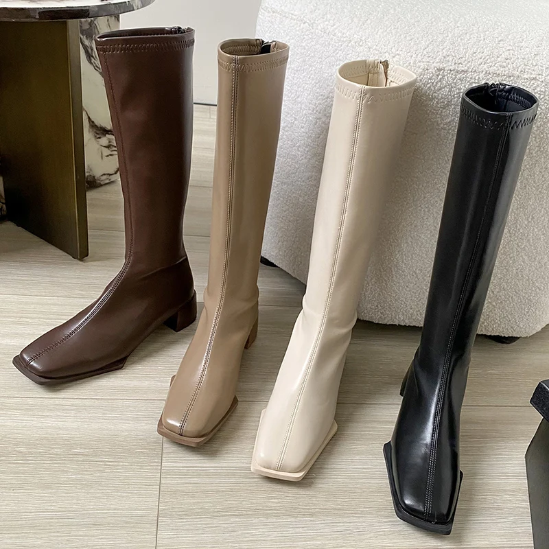 

Женские современные осенние сапоги до колена в западном стиле, новинка 2022, женская обувь, модные сапоги на платформе и квадратном каблуке с ...