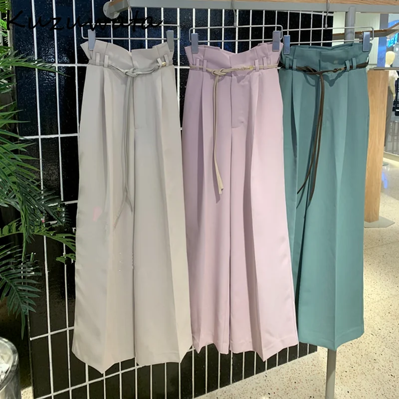 

A GIRLS 2022 Summer New Loose Wide Leg Pants Temperament Casual Women Pantalones Solid High Waist Sashes Full Length Trousers