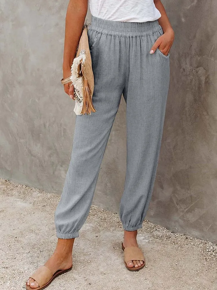 

Casual Solid Color Elastic Waist High Waist Pants Women Joggers Trousers Pockets Loose Commute Streetwear Wide Leg Pants
