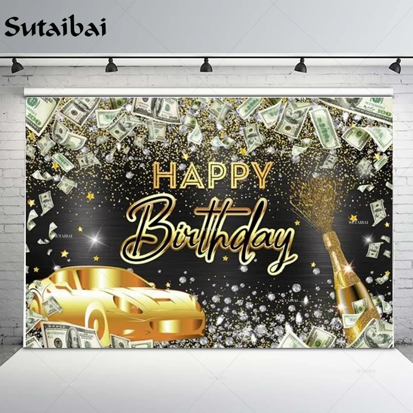 

Rich Adult Happy Birthday Party Background Gold Car Money Diameter Champagne Luxurious Celebration Glitter Photozone Backdrop