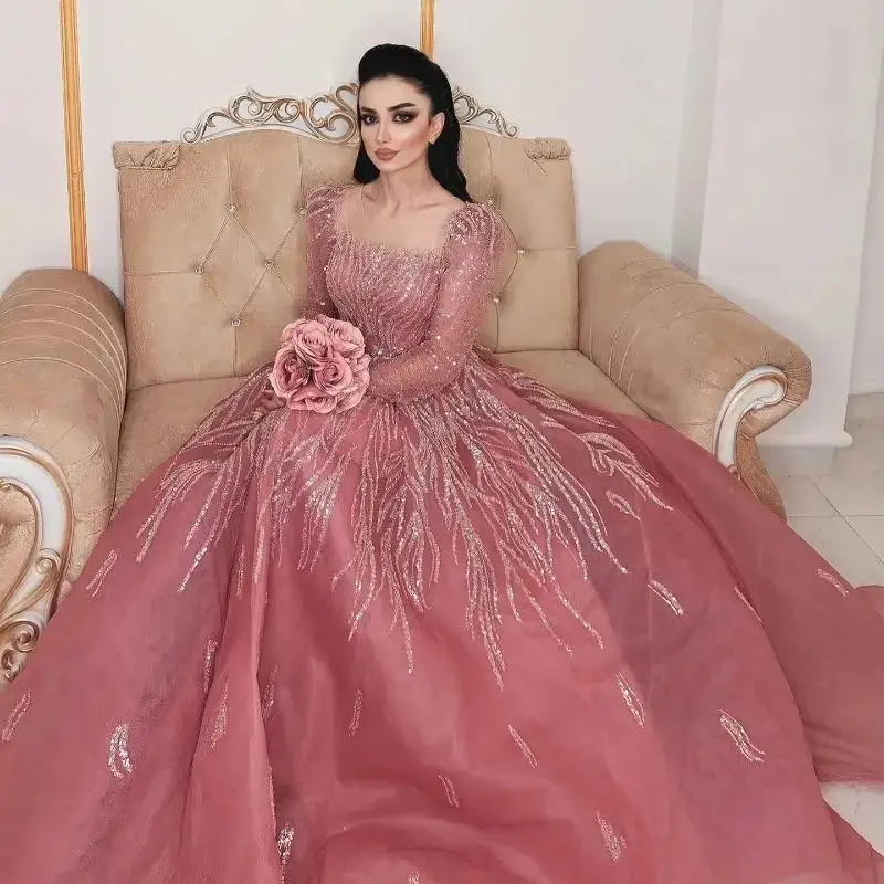 

Blush Pink Beading Arabic Prom Dresses Square Neck Long Sleeve Sequined Evening Gown A Line Middle East Vestido De Fiesta