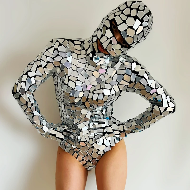 

Новый барный женский сплошной сексуальный боди Gogo с высоким разрезом, серебряные костюмы с блестками и зеркалом, праздничные сценические к...