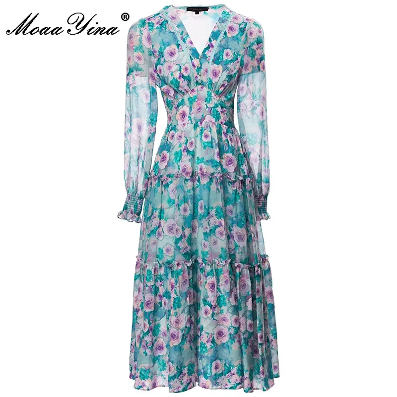 MoaaYina Fashion Designer dress Summer Women's Dress V-Neck Lantern Sleeve Flower Printing Ruffled Dresses