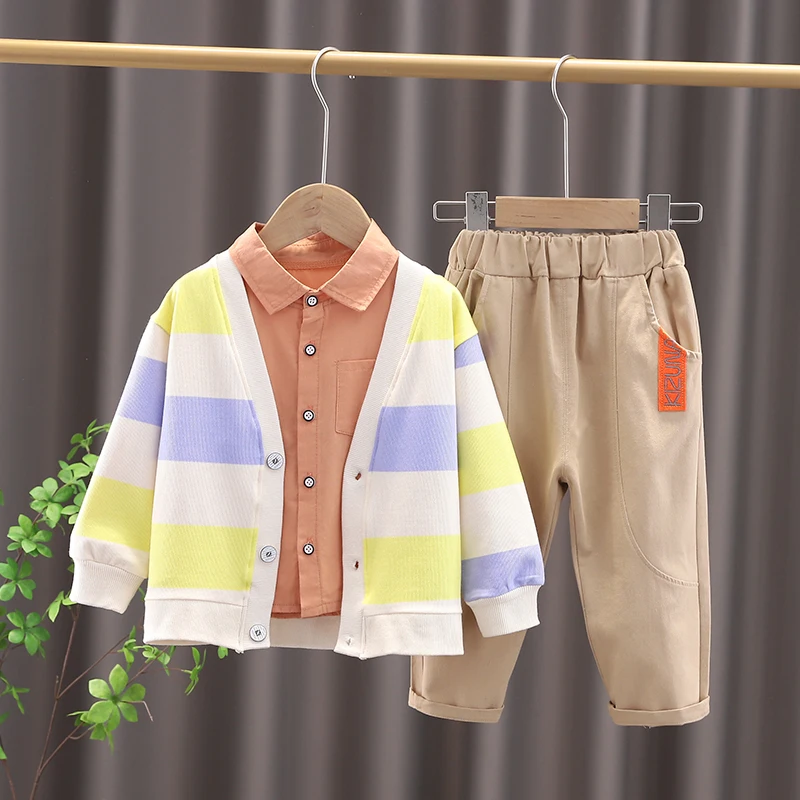 Infant Boys Casual Suit Spring Autumn New Kids Fashion Clothing Set Toddler Striped Knitted Cardigan+ T-shirt+Pants Baby Outfits