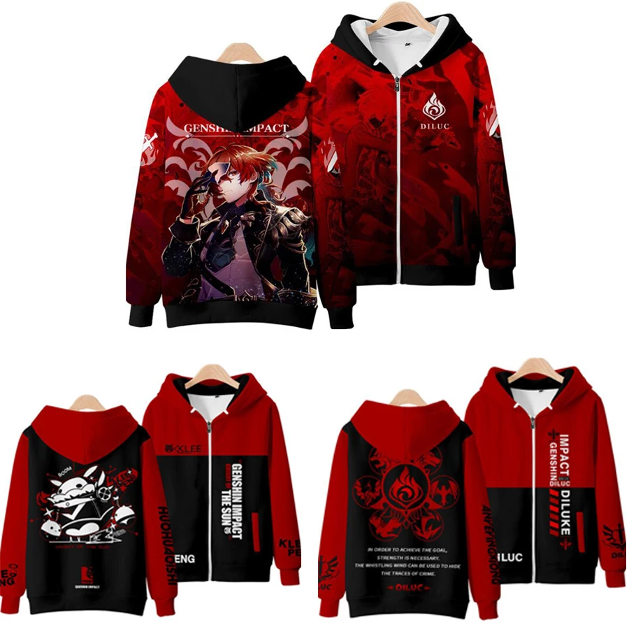 

Popular Game Genshin Impact Cosplay Jacket Klee Diluc Paimon Keqing 3D Print Funny Hoodie Zipper Hooded Sweatshirt Anime Clothes