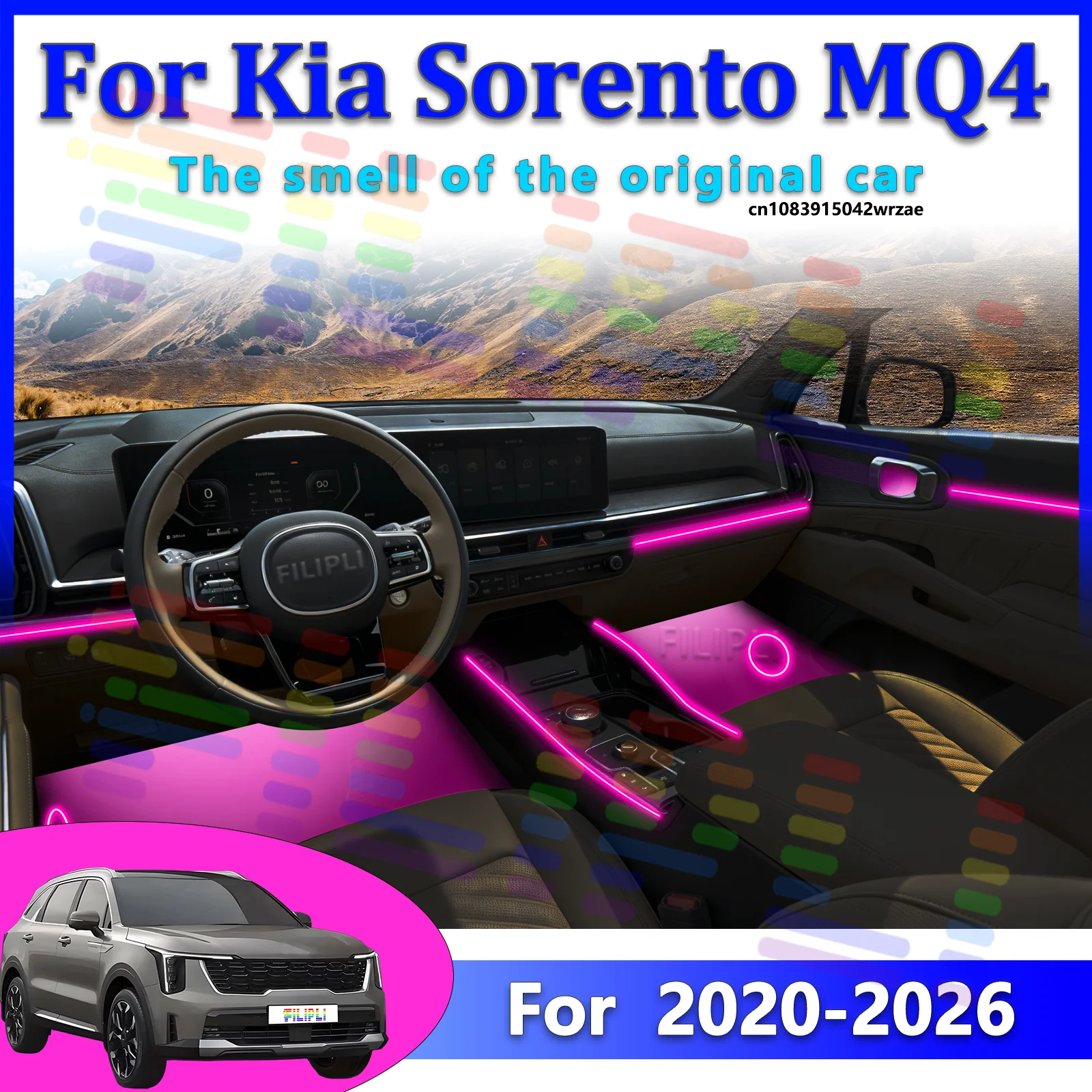 Фото Светодиодные лампы для Kia Sorento MQ4, цветная атмосферная подсветка, неоновые полосы для салона автомобиля, управление через приложение, 64 RGB-цвета. №1