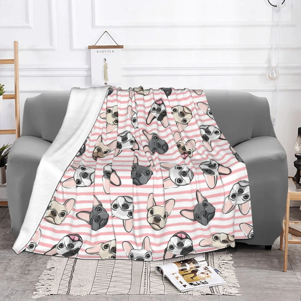 

All The Frenchies Pink Stripes French Bulldog Dog Blanket Coral Fleece All Season Soft Throw Blanket For Bedding Car Bedspread