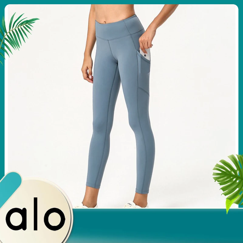 

ALO YOGA 2022 New Yoga Pants Women's Breathable Tight Ninth Pants with Pockets High Waist Fitness Running Sports Pants 1943