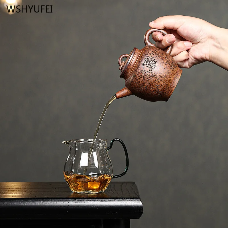 Чайник из фиолетовой глины Yixing чайник с гравировкой оригинальный ручной работы