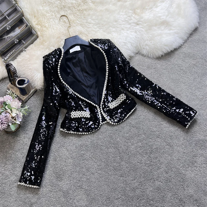 

Heavy Sequins Coat Women's Autumn Korean New Pearl Beading V Neck Short Long Sleeve Jacket Fashion Ladies Jackets
