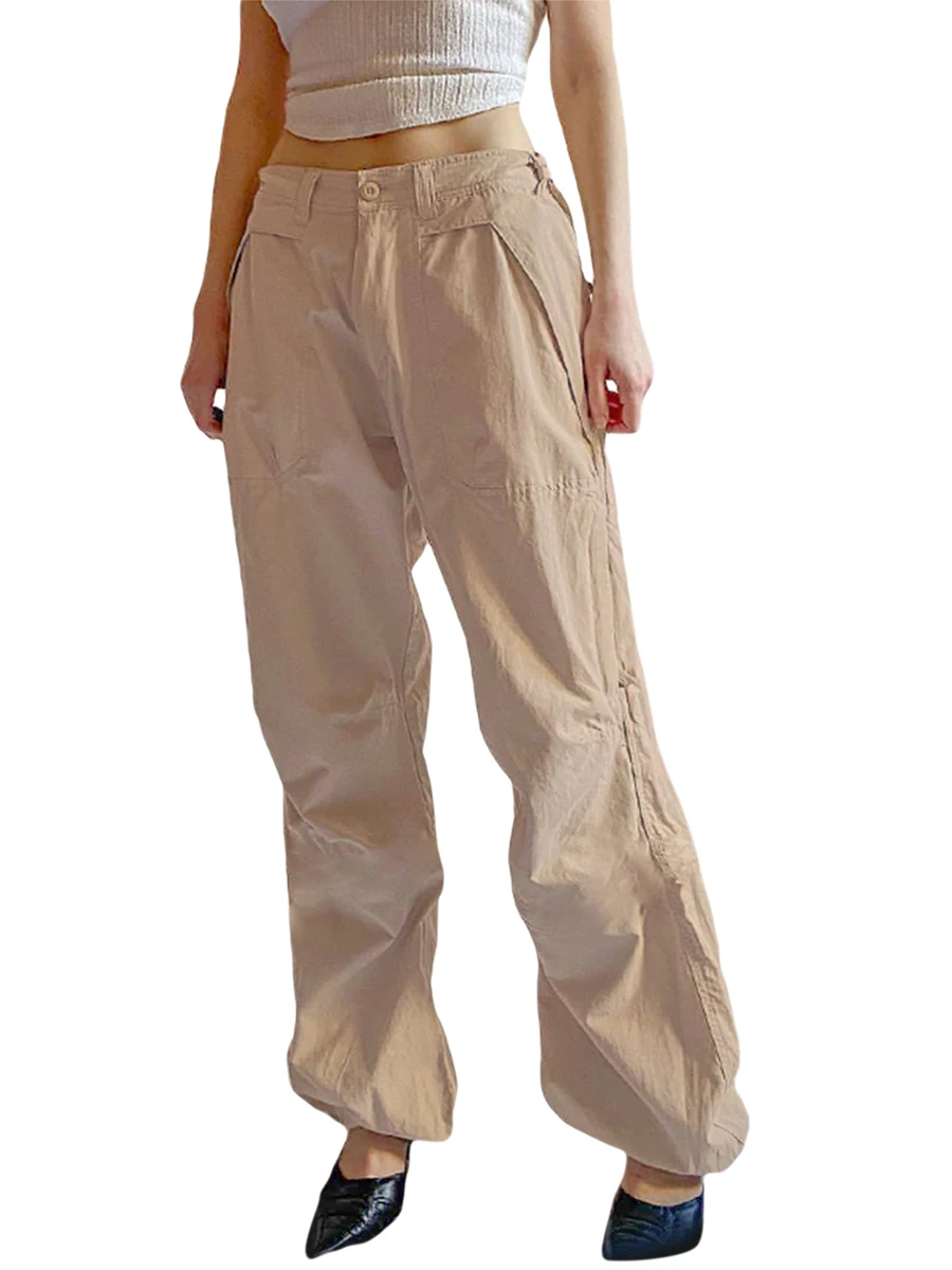 

Rteyno Women Casual Cargo Pants Solid Color Buckle Pants Straight-leg Trousers