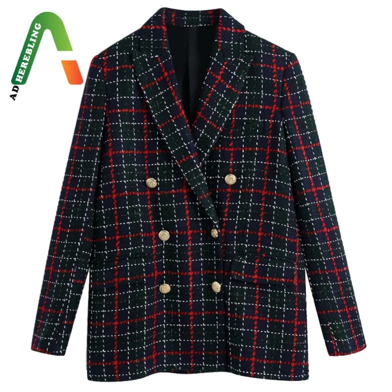 Женский костюм-двойка в клетку Adherebling деловой костюм с двубортным блейзером и