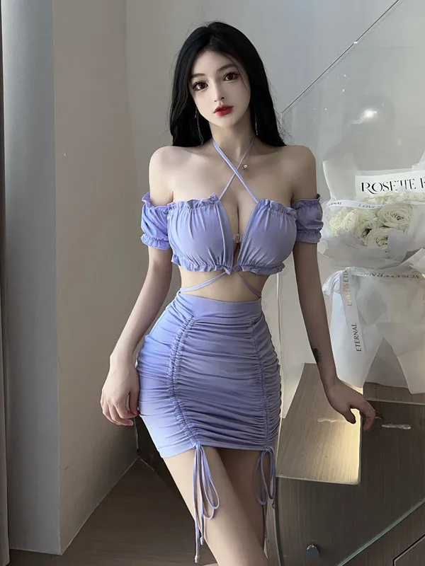 

New Fashion Solid Colour Bold Mature Hollow Out Gentle Charm Skirt Sexy Suspender Cross Short Top Drawcord Pleated Skirt FHZU