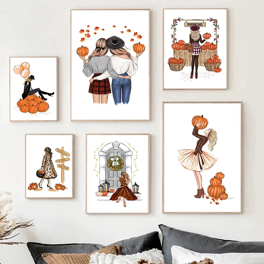 

City Fashion Girl Pumpkin Balloon Flower Wall Art Canvas Painting Nordic Posters and Prints Wall Pictures for Living Room Decor