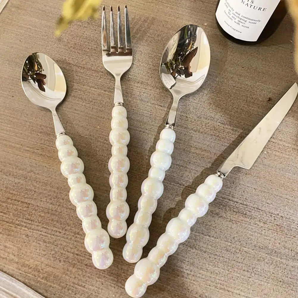 

Europe Fashion Pearl Cutlery Set Stainless Steel Creativity Spoon Pearl Knife Gift Ceramic Tableware Flatware Fork Set Hand A0Q2