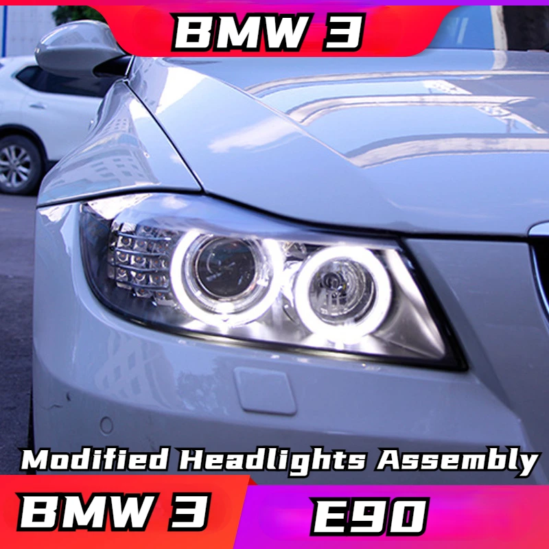 

2 PCS 3 Series E90 Headlamp Assembly 318320 325i Modified Led Angel Eye Bulb Daytime Running Lamp