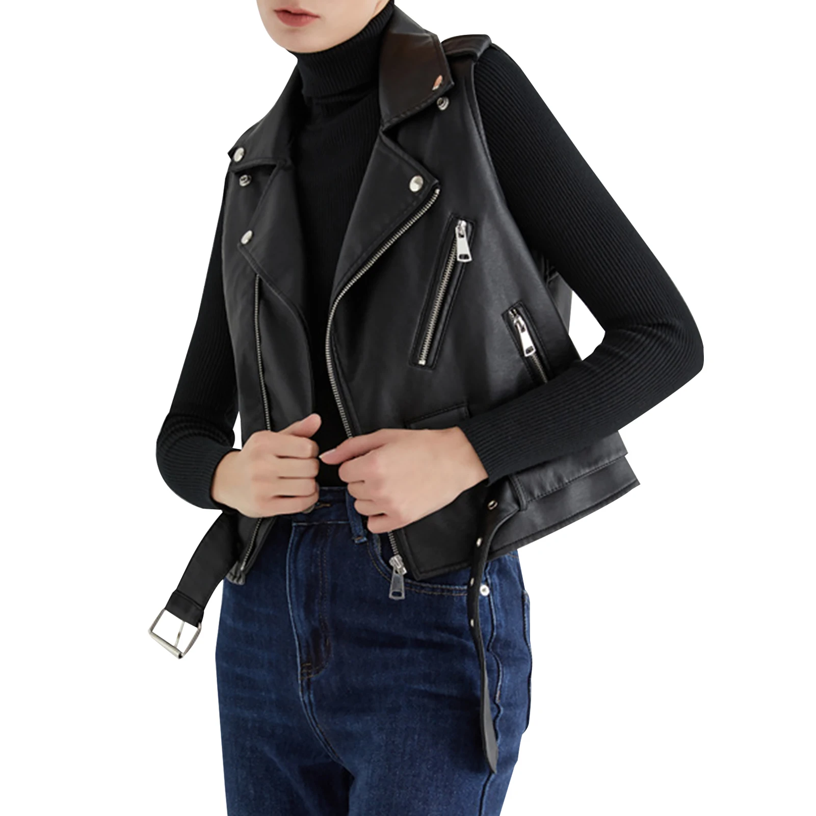 

PU Leather With Adjustable Belt Fashion Women Vest Travel Solid Soft Spring Autumn Casual Zipper Motorcycle Biker Daily