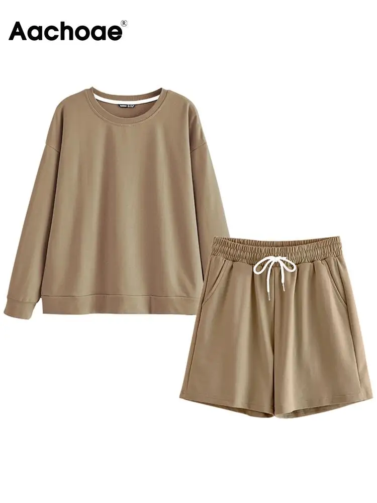 

Aachoae Solid Casual 2 Piece Set Women Batwing Long Sleeve Loose T Shirt Home Sports Drawstring Shorts Sets Spring Summer