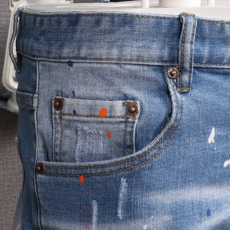 Denim Shorts Men Fashion Dots Printed Ripped Short Jeans Summer Streetwear Casual Light Blue Stretch Straight Slim Fit Pants