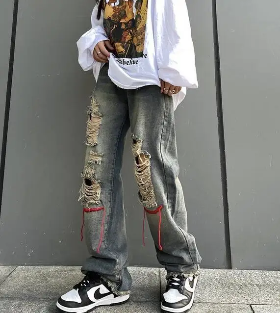 Men Jeans Hip-Hop Jeans Retro Ripped Jeans High Street Denim Pants