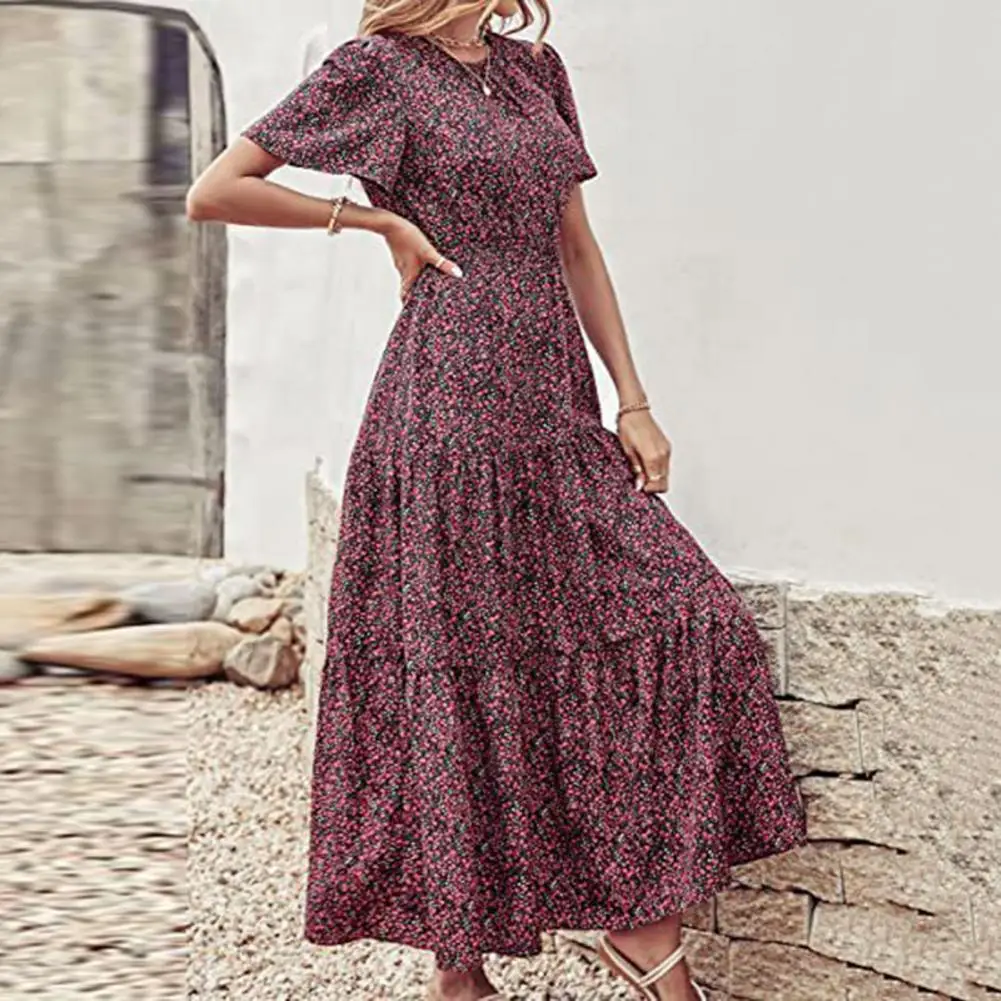 

Beach Dress Short Sleeve Floral Dress Floral Pattern Printed Pleated Party Dress