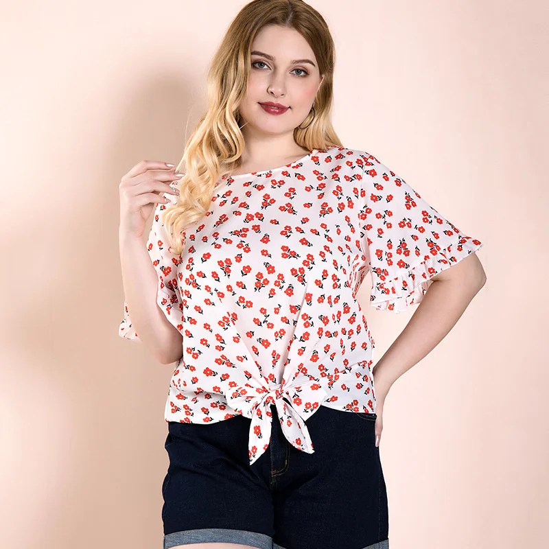 

Plus size Sleeve Wear Women's Horn Large Loose Round Women's Neck Red Floral Top Spring and Autumn Style