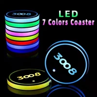 2pcsset luminous car water cup coaster holder 7 colorful usb charging car led atmosphere light for peugeot 3008 accessories