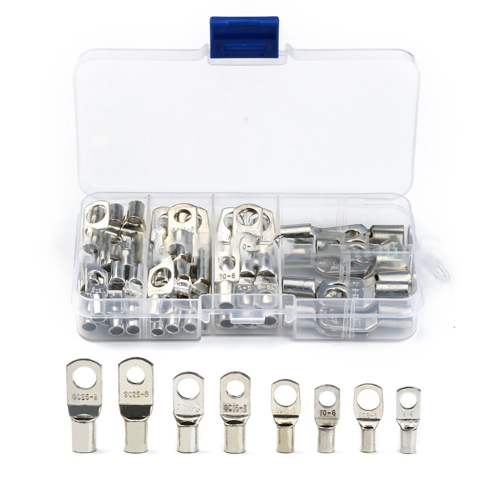 

60pcs SC6-SC25 Battery Cable Ends Kit Brass Battery Cable Ends Ring Terminal Connectors 8 Different Sizes Solar Panels Parts