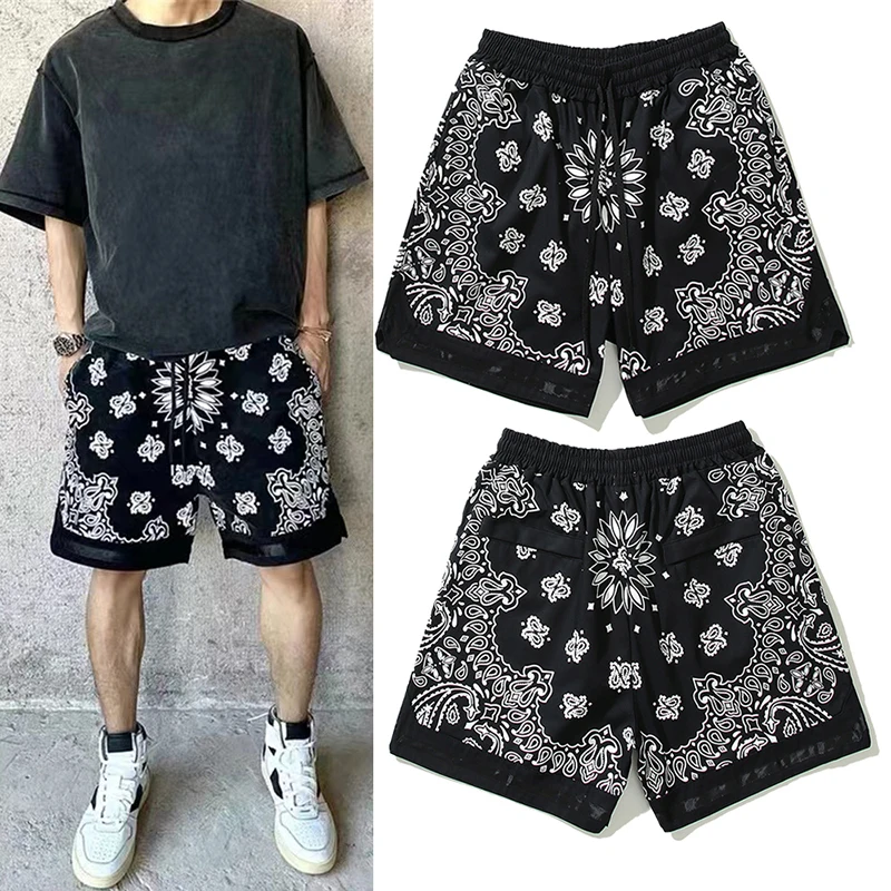 

Askyurself Mens Shorts Full Print Cashew Flower Washed Distressed Shorts ASK Black White Printed Casual Loose Shorts