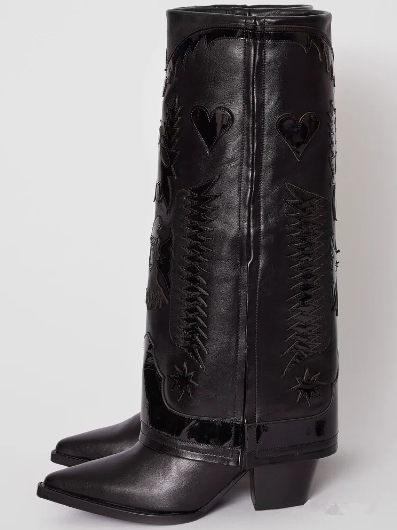 Genuine Leather Autumn Winter Women's Shoes Wide Tube Western Cowboy Boots Knee High Fashion Embroidery PunkLong and Short Boots