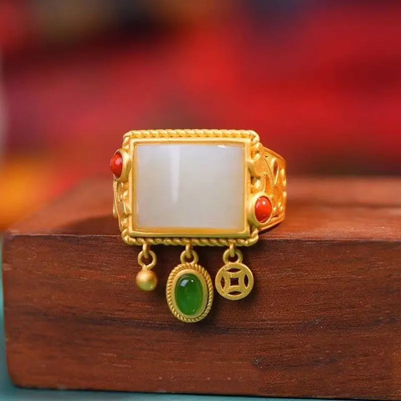 

Natural Stone Green Dot Ring Ancient Method S925 Silver Ring Atmosphere Retro Palace Style Opening Palace Style Women's Style