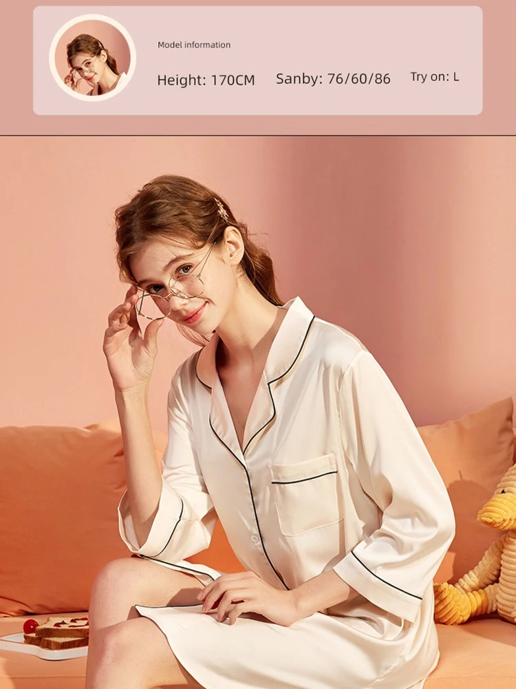 Women Nightdress Ice Silk Night Gown Sleepwear Ladies Summer Cotta Sleep Dress Half Sleeve Knee-Length 2023 New Style Pajamas