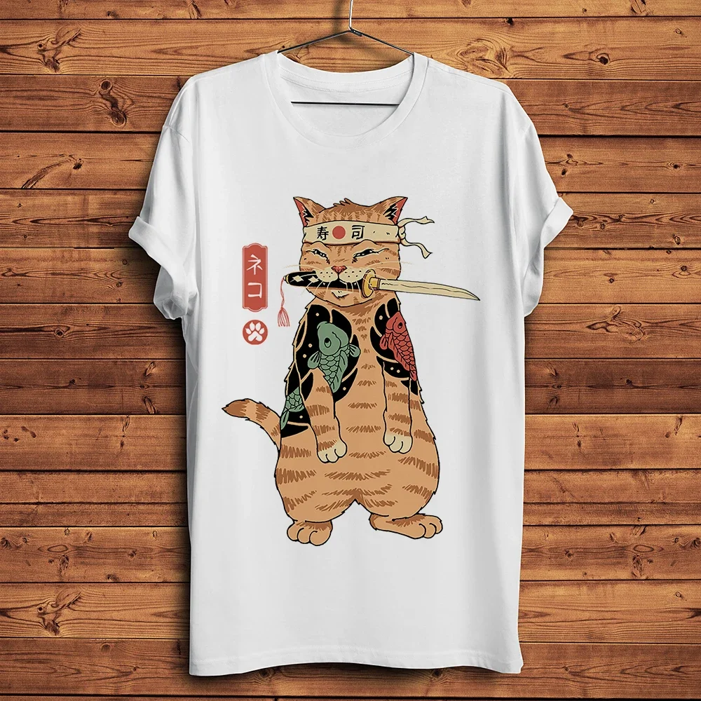 Фото Koi Tattoo Lucky Neko Cat Shogun Samurai Yamaguchi Gumi Забавная аниме-футболка Мужская белая повседневная футболка унисекс Уличная футболка №4