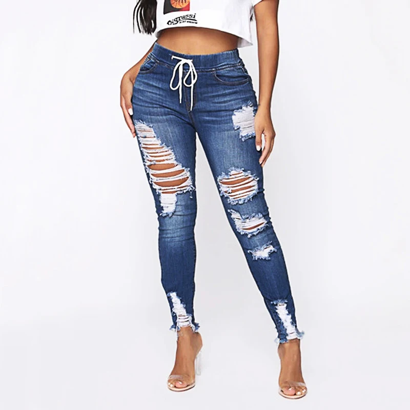 Womens Stretch Skinny Ripped Hole Washed Denim mom Jeans Female Slim Jeggings High Waist Pencil y2k Pants Trousers