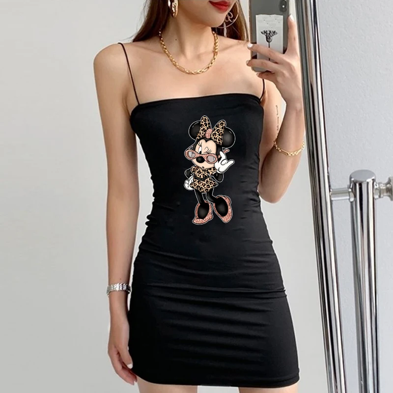 

Disney Minnie Mouse Leopard Bow Portrait Mini Dress Black Sexy Sleeveless Spaghetti Strap High Waist Club Dress For Women Summer