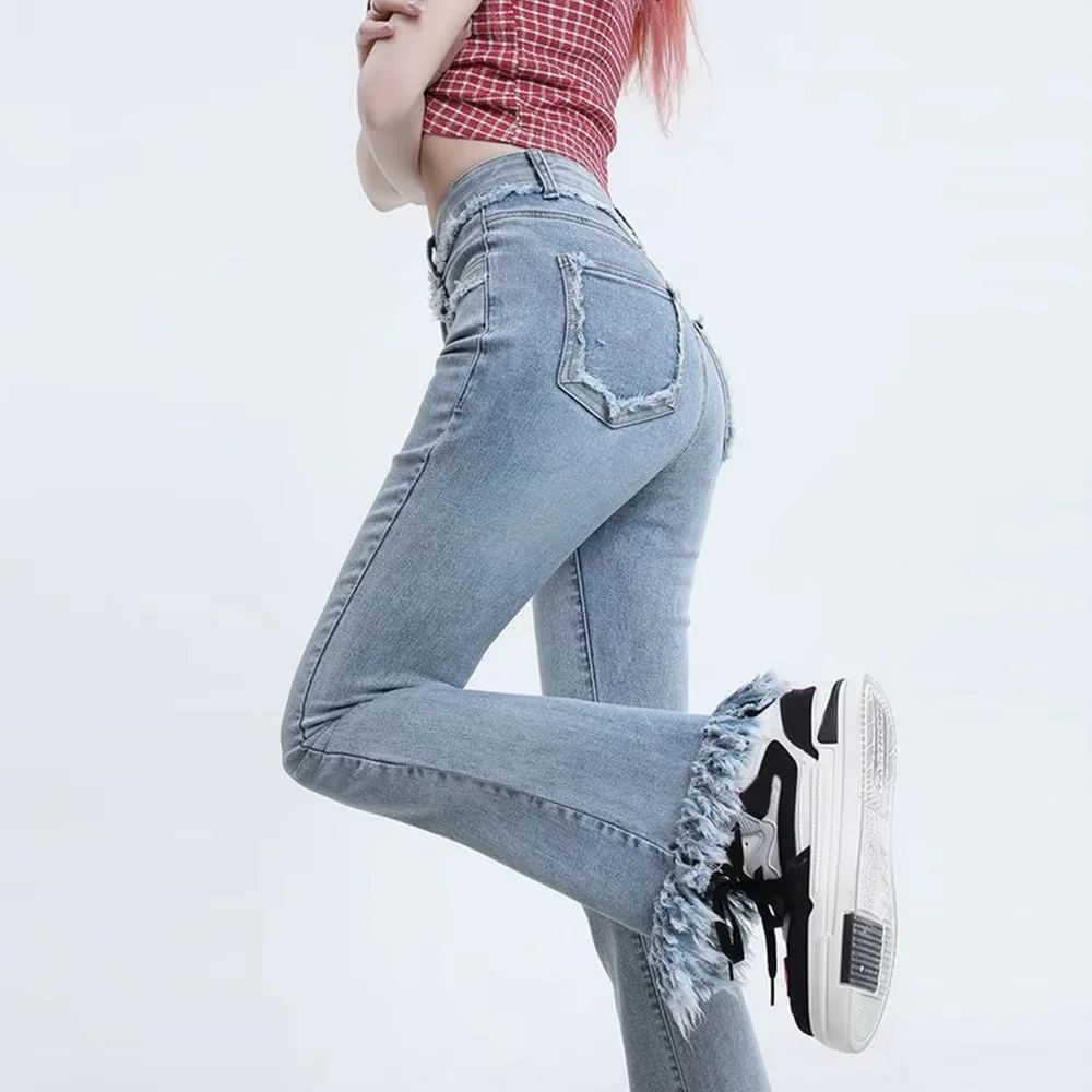 Синие брюки с высокой талией невидимая открытая промежность уличные секс-брюки